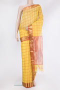 Yellow Maheshwari Silk Saree with Checked design on the body and Zari Border.  displayed on a mannequin