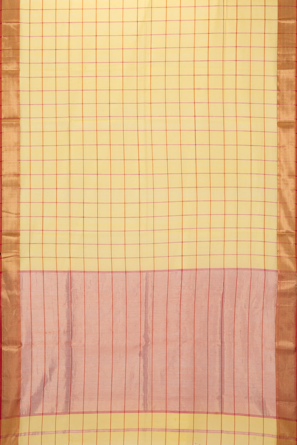 Flat view of Yellow Maheshwari Silk Saree with Checked design on the body and Zari Border. 