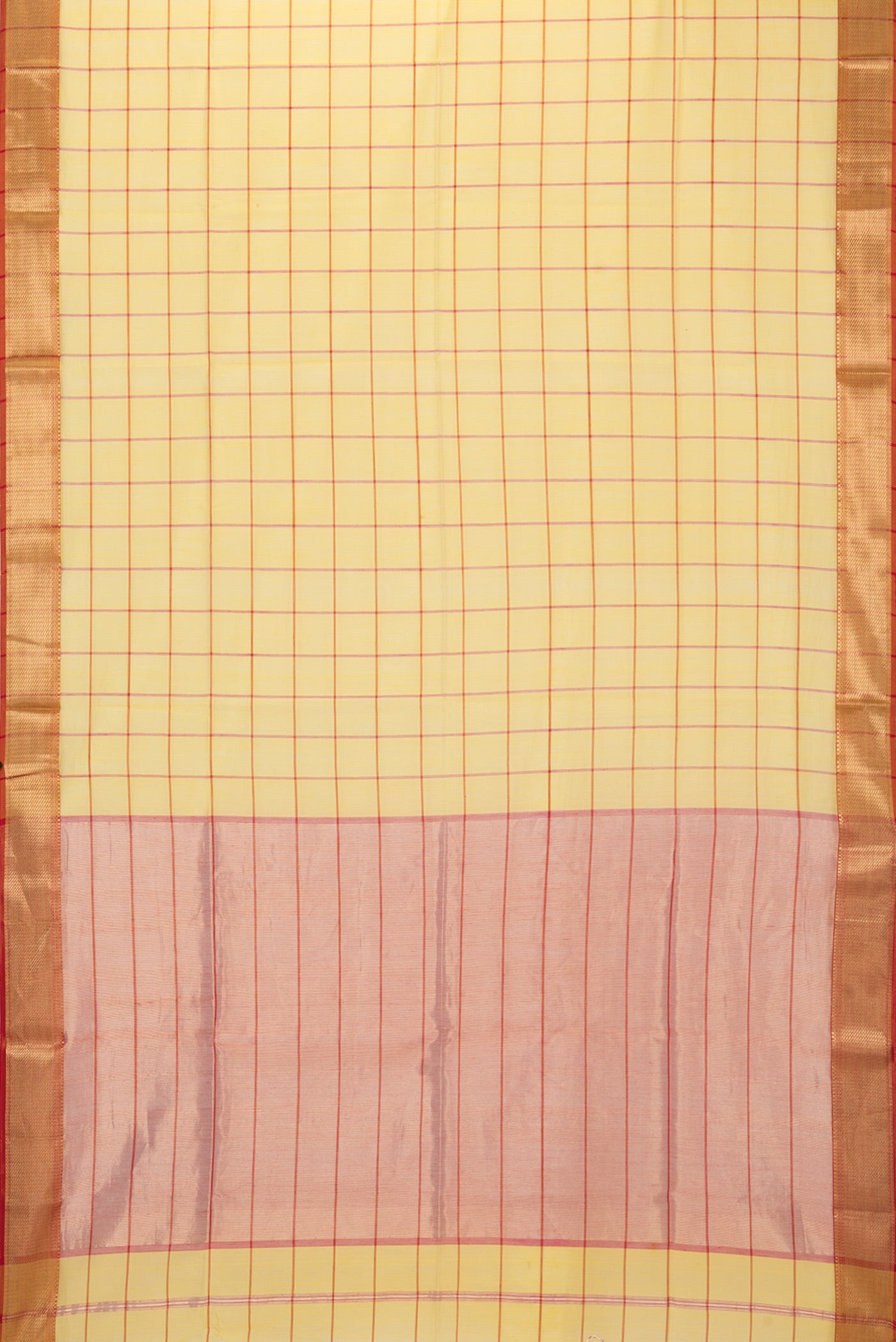 Flat view of Yellow Maheshwari Silk Saree with Checked design on the body and Zari Border. 