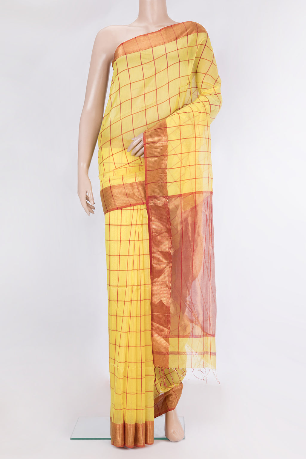 Yellow Maheshwari Silk Saree with Checked design on the body and Zari Border.  displayed on a mannequin