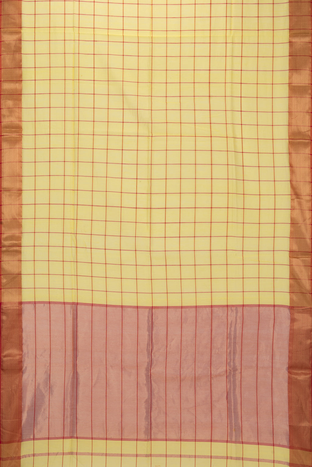 Flat view of Yellow Maheshwari Silk Saree with Checked design on the body and Zari Border. 