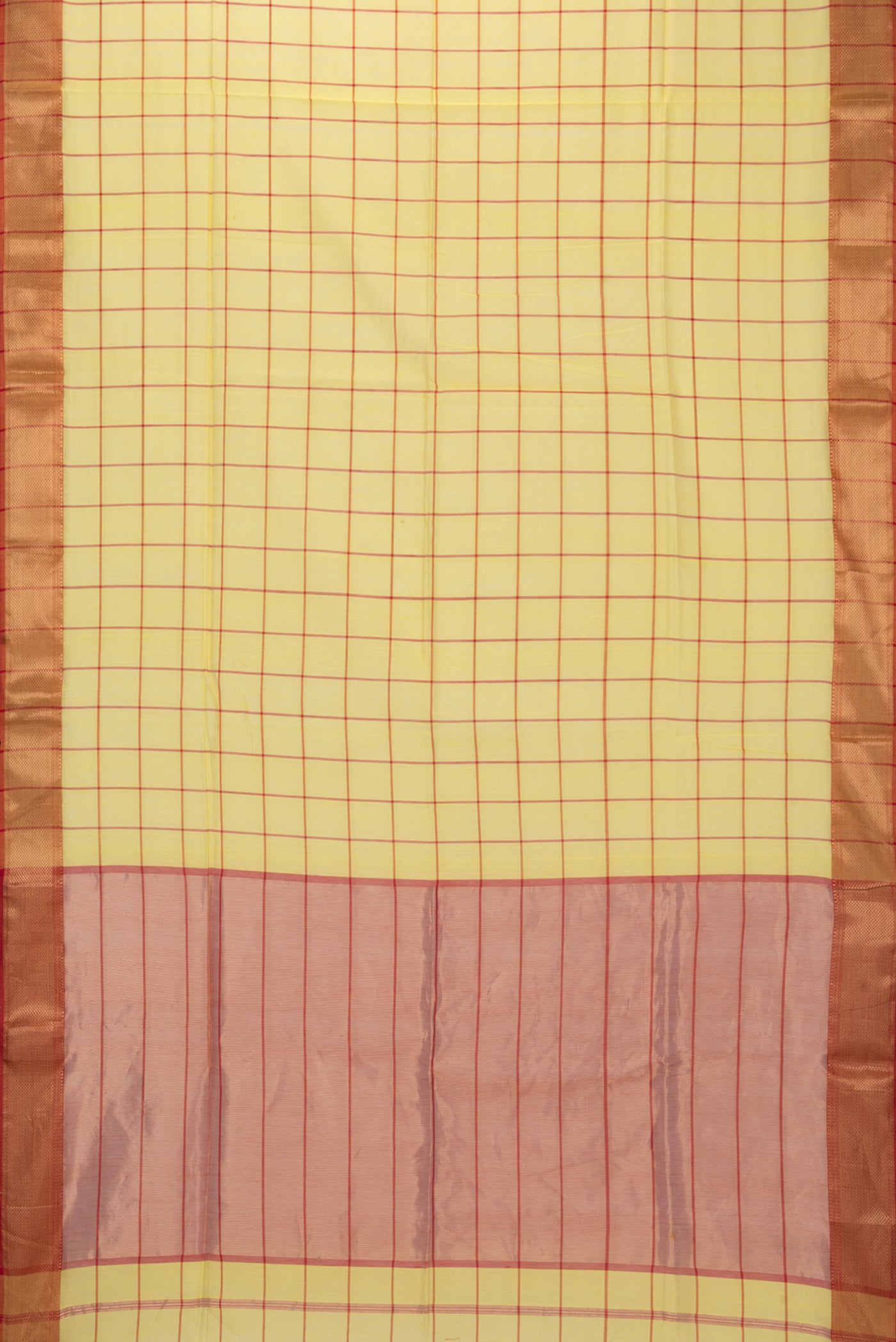 Flat view of Yellow Maheshwari Silk Saree with Checked design on the body and Zari Border. 
