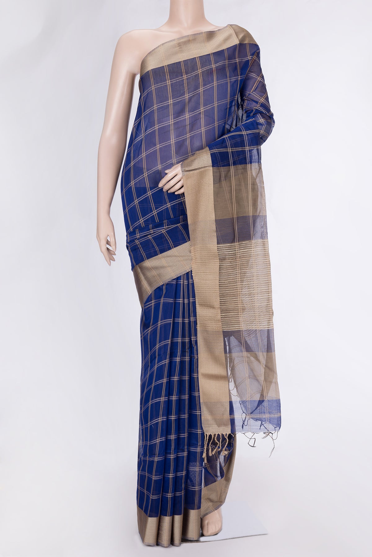 Navy Blue Dual Tone Maheshwari Silk Saree with Checked design on the body and Thread Border.  displayed on a mannequin