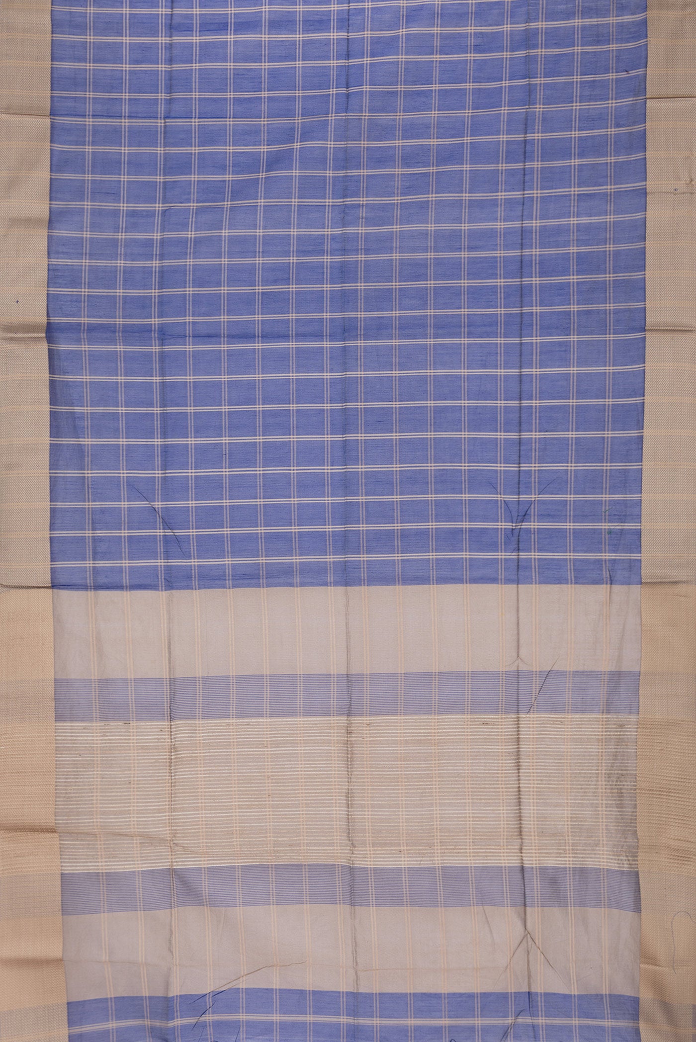 Flat view of Navy Blue Dual Tone Maheshwari Silk Saree with Checked design on the body and Thread Border. 