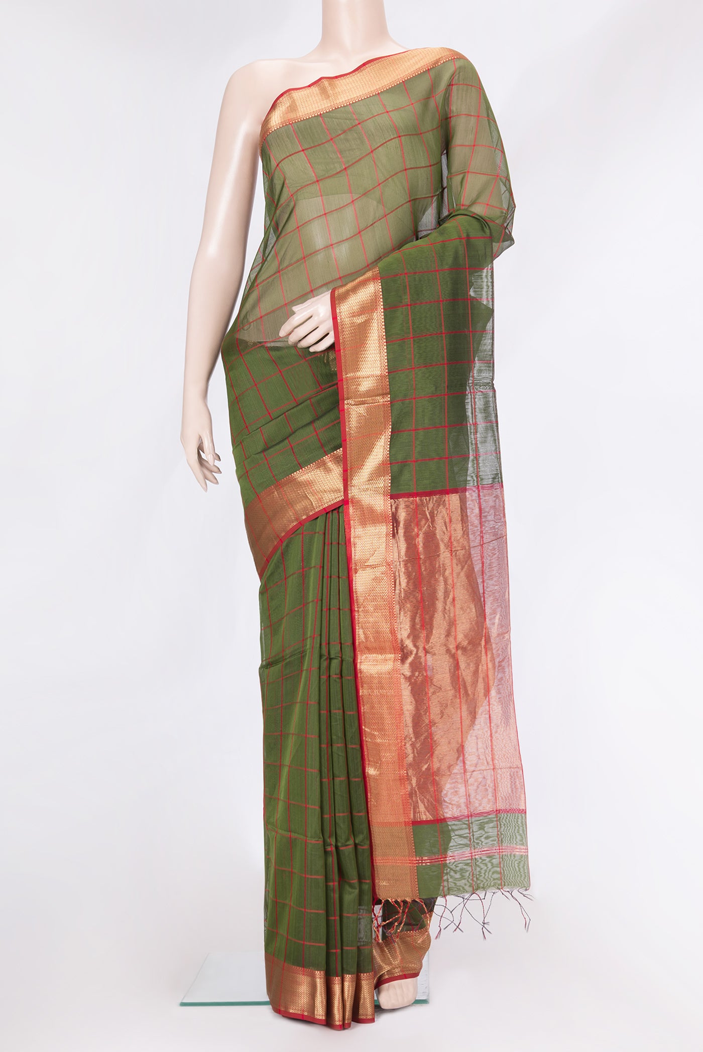 Green Dual Tone Maheshwari Silk Saree with Checked design on the body and Zari Border.  displayed on a mannequin