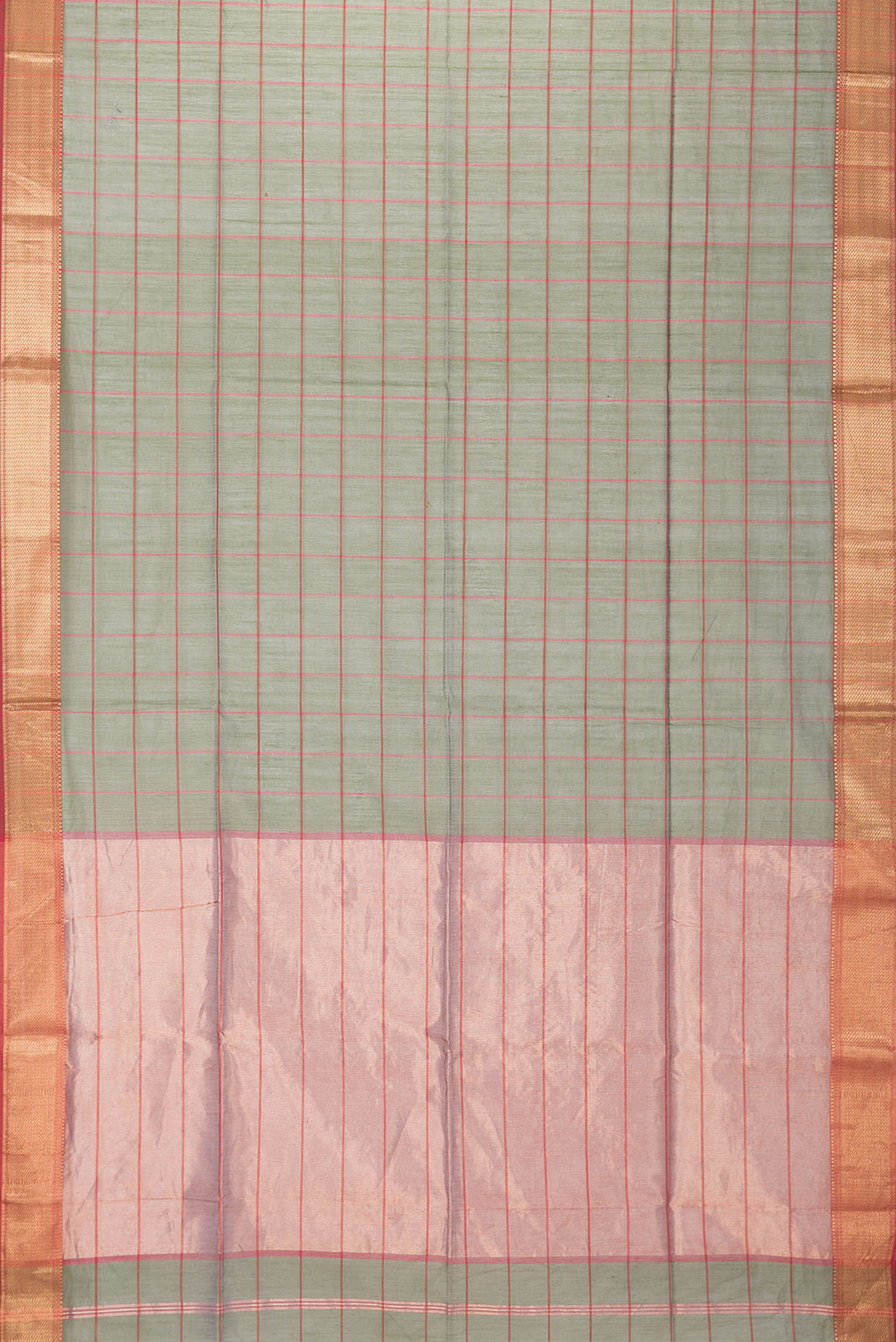 Flat view of Green Dual Tone Maheshwari Silk Saree with Checked design on the body and Zari Border. 