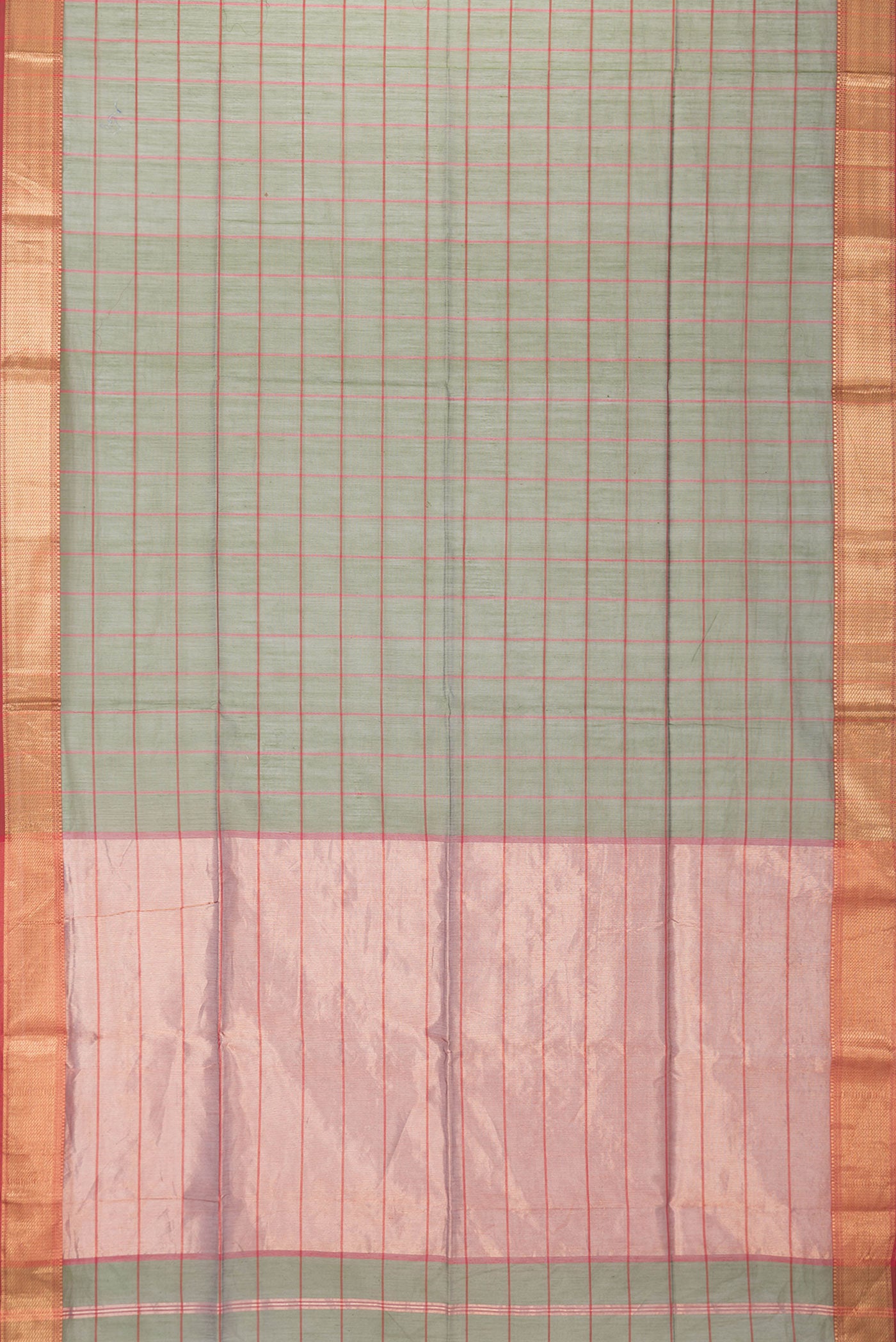 Flat view of Green Dual Tone Maheshwari Silk Saree with Checked design on the body and Zari Border. 