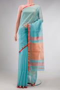 Sky Blue Dual Tone Maheshwari Silk Saree with Stripes on the body and Zari Border displayed on a mannequin