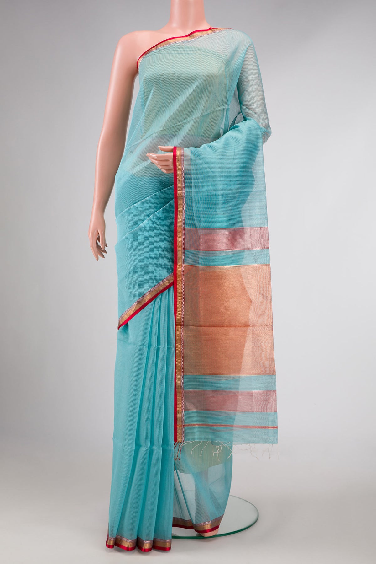 Sky Blue Dual Tone Maheshwari Silk Saree with Stripes on the body and Zari Border displayed on a mannequin