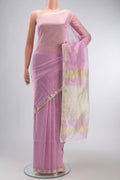Pink Maheshwari Silk Cotton Saree with Stripes on the body and Zari Border displayed on a mannequin