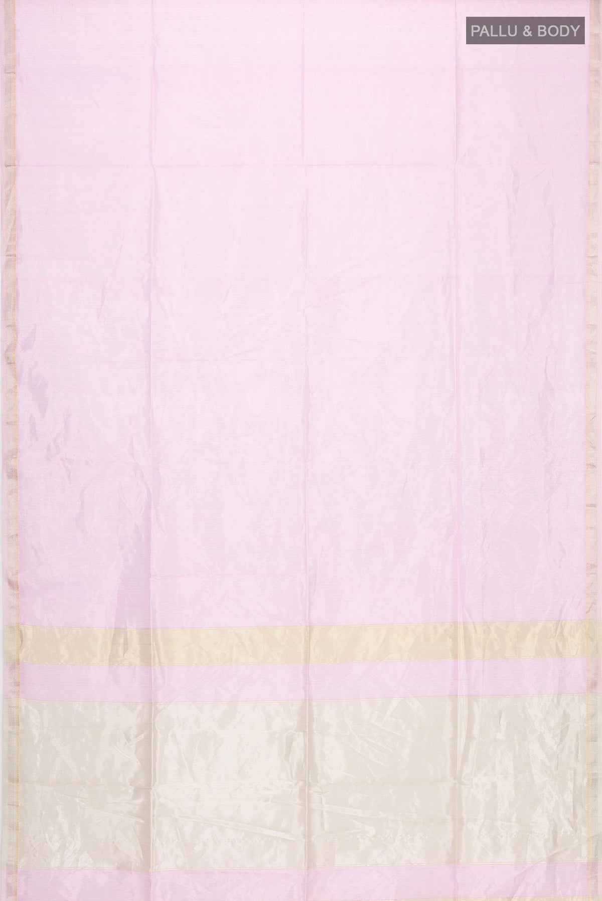 Flat view of Pink Maheshwari Silk Cotton Saree with Stripes on the body and Zari Border