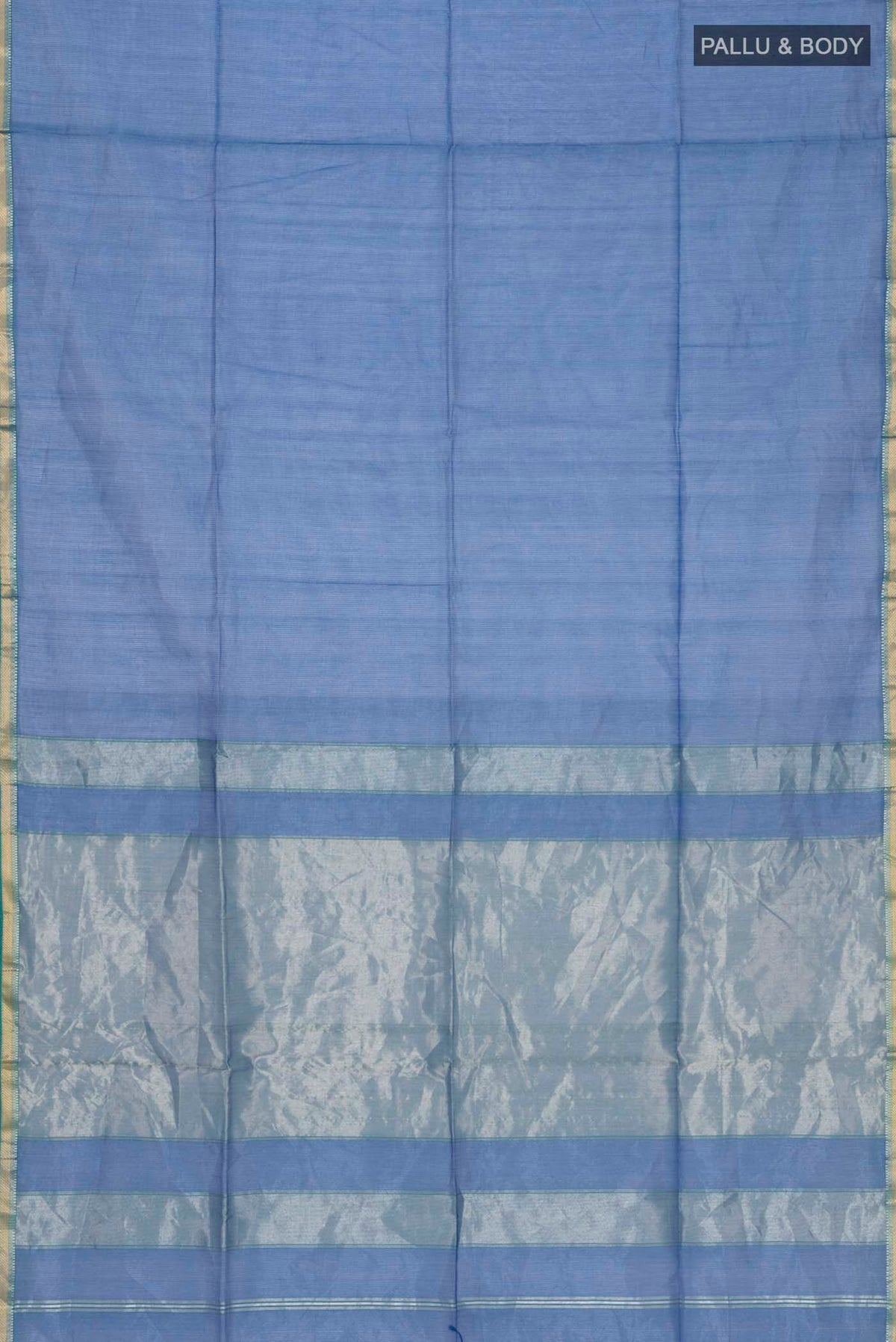 Flat view of Blue Maheshwari Silk Cotton Saree with Stripes on the body and Zari Border