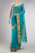 Blue Dual Tone Maheshwari Silk Saree with Checked design on the body and Zari Border displayed on a mannequin