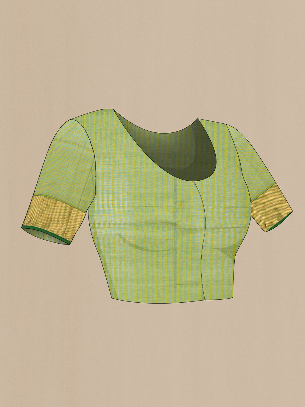 Close up image of the blouse of Green Maheshwari Silk Cotton Saree with Stripes on the body and Zari Border. 