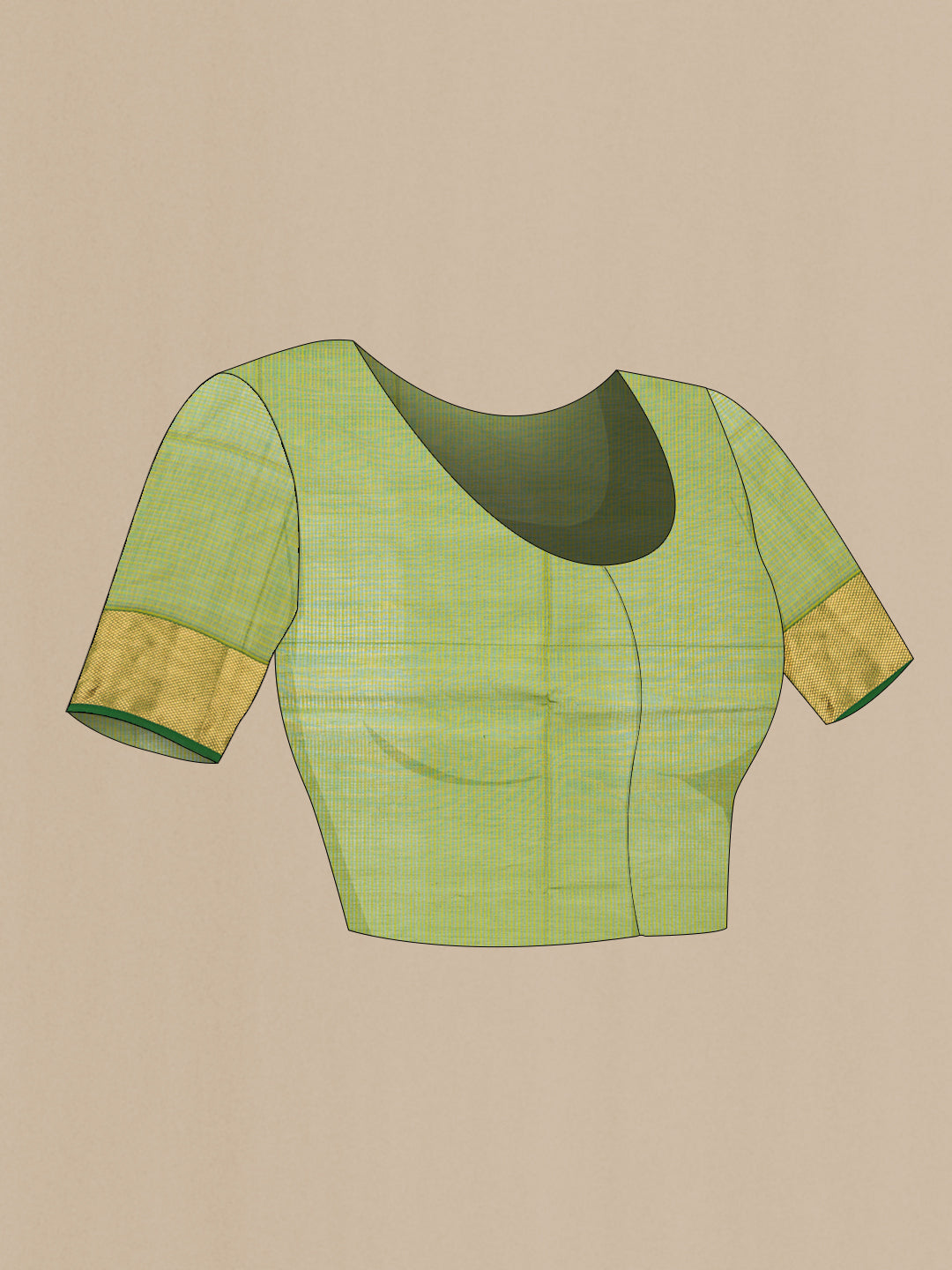 Close up image of the blouse of Green Maheshwari Silk Cotton Saree with Stripes on the body and Zari Border. 