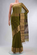 Green Maheshwari Silk Cotton Saree with Stripes on the body and Zari Border displayed on a mannequin