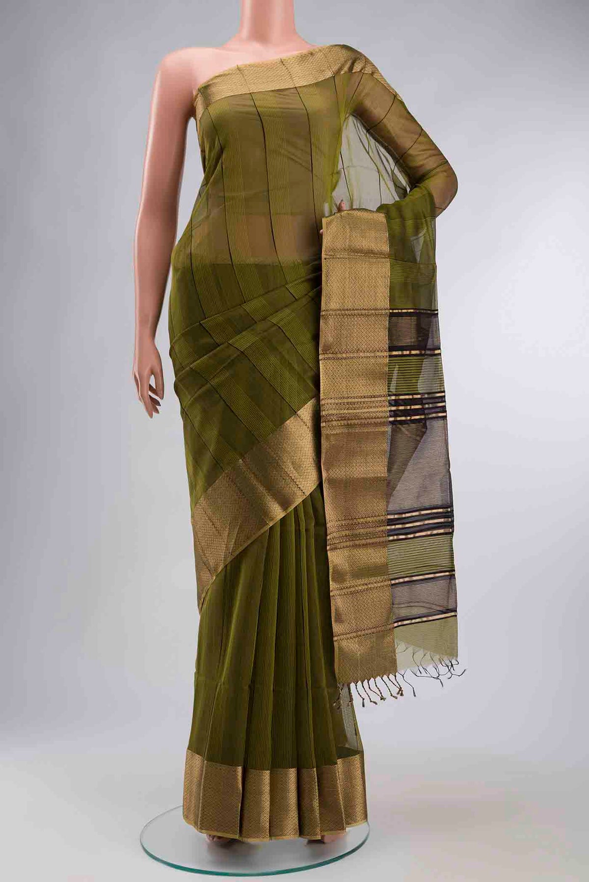 Green Maheshwari Silk Cotton Saree with Stripes on the body and Zari Border displayed on a mannequin