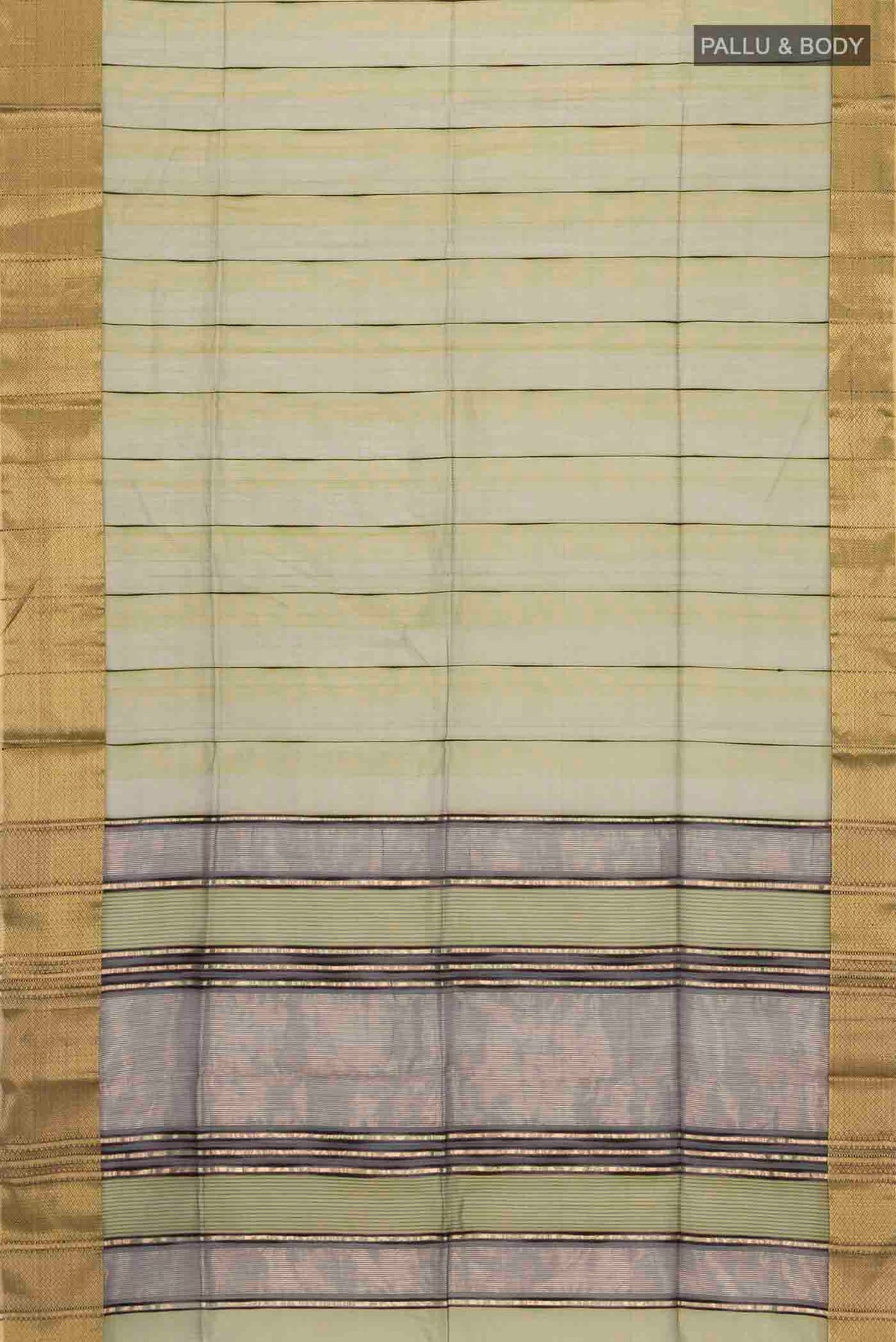 Flat view of Green Maheshwari Silk Cotton Saree with Stripes on the body and Zari Border