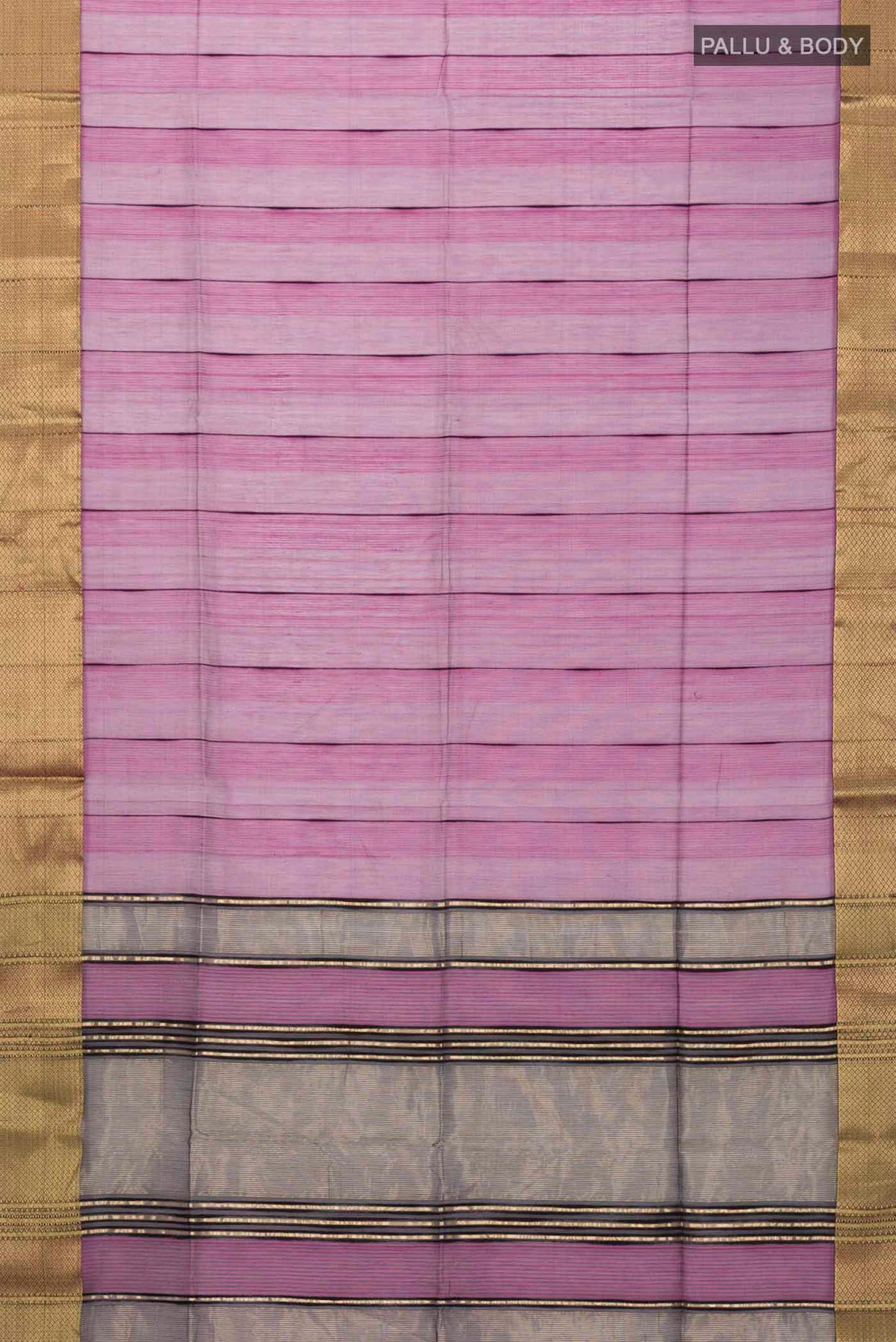 Flat view of Magenta Maheshwari Silk Cotton Saree with Stripes on the body and Zari Border