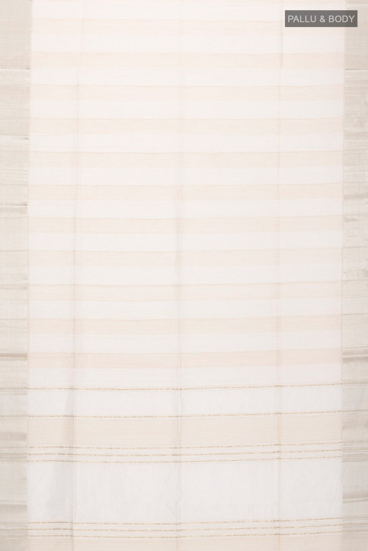 Flat view of Beige Maheshwari Silk Cotton Saree with Stripes on the body and Zari Border