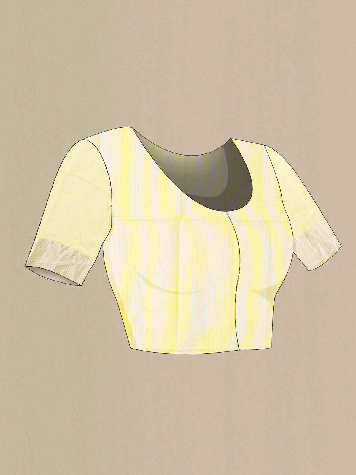 Close up image of the blouse of Yellow Maheshwari Silk Cotton Saree with Stripes on the body and Zari Border