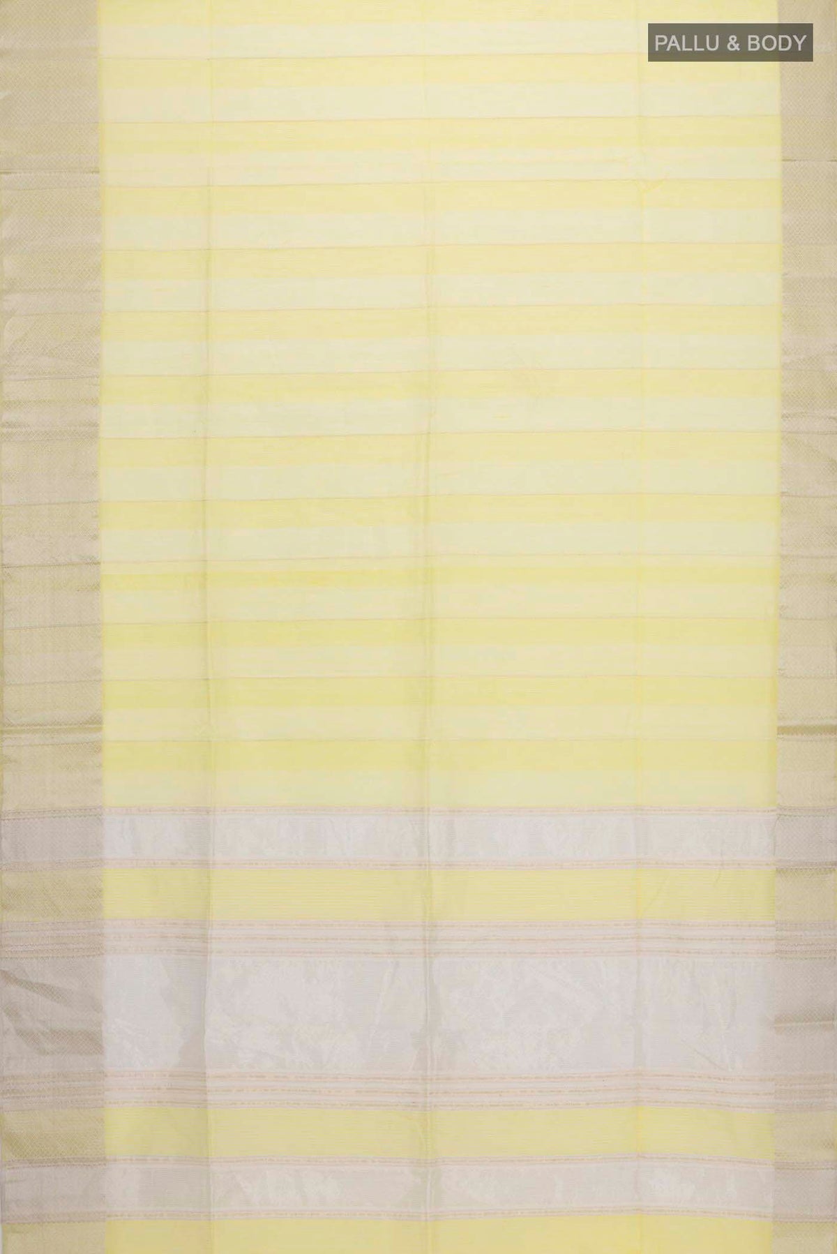 Flat view of Yellow Maheshwari Silk Cotton Saree with Stripes on the body and Zari Border