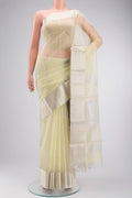 Yellow Maheshwari Silk Cotton Saree with Stripes on the body and Zari Border displayed on a mannequin