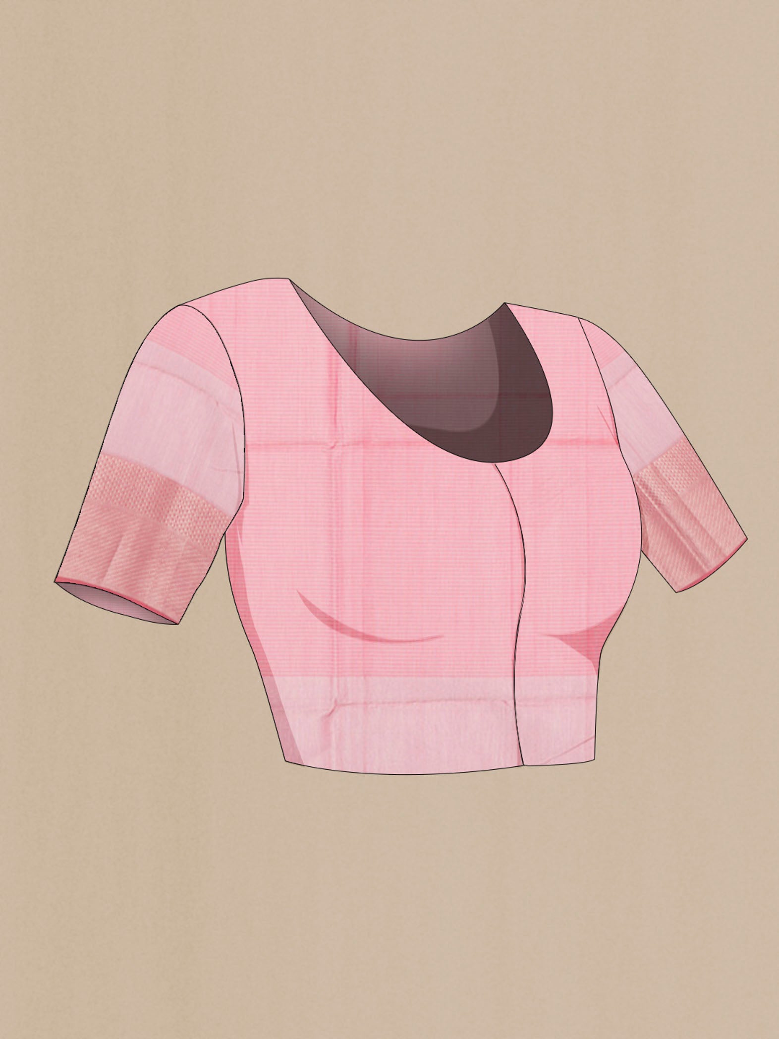 Close up image of the blouse of Pink Maheshwari Silk Cotton Saree with Checked design on the body and Zari Border