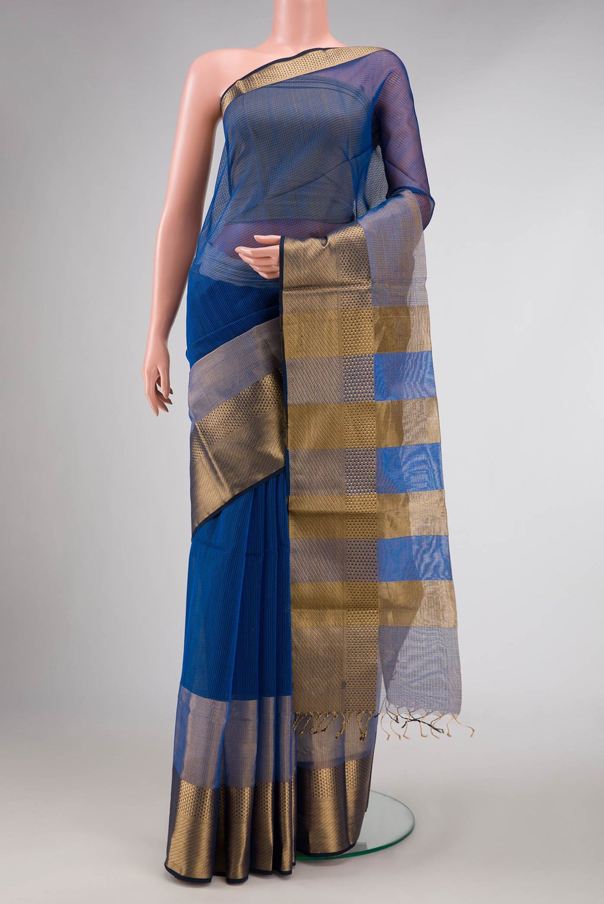 Navy Blue Dual Tone Maheshwari Silk Saree with Stripes on the body and Zari Border displayed on a mannequin