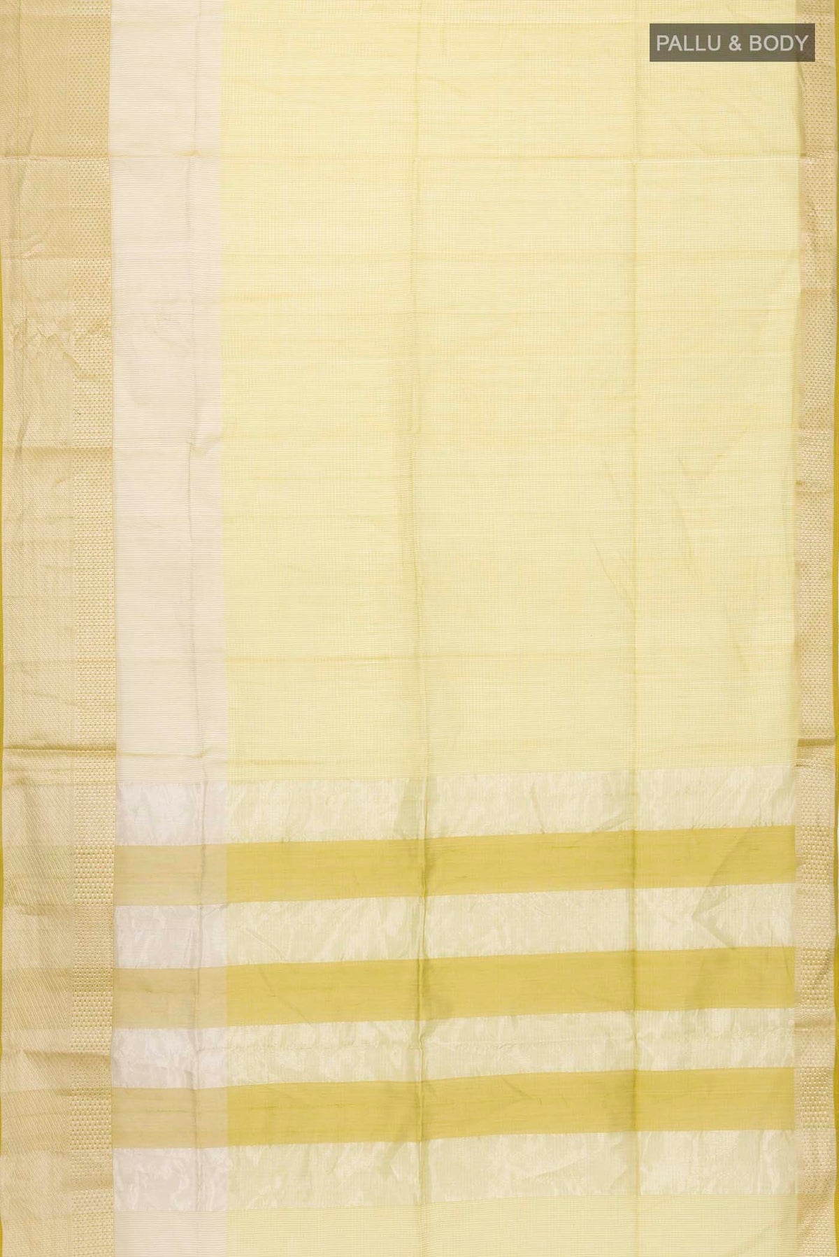 Flat view of Green Maheshwari Silk Saree with Stripes on the body and Zari Border