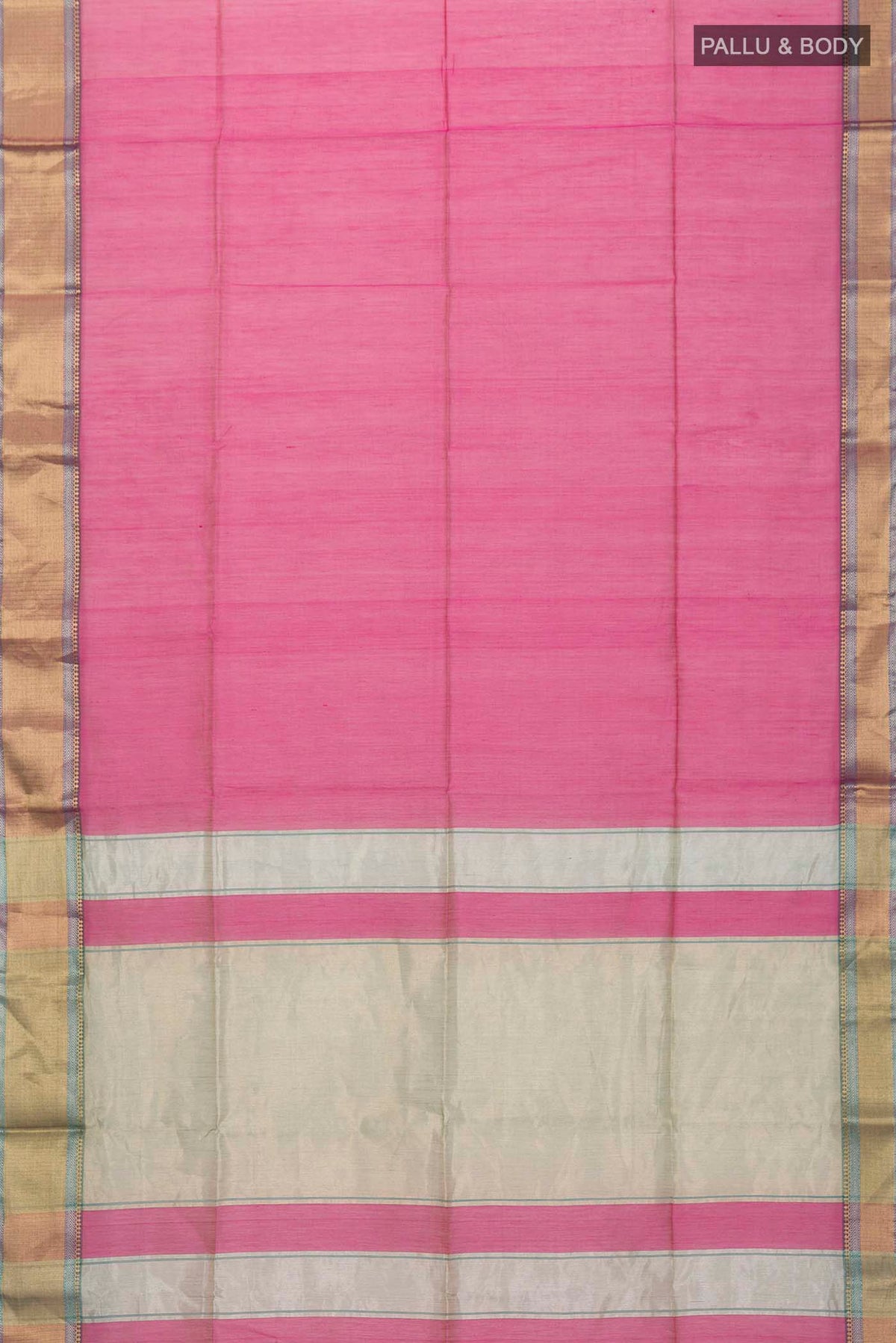 Flat view of Pink Maheshwari Silk Cotton Saree with Checked design on the body and Zari Border