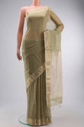Sage Green Maheshwari Silk Saree with Stripes on the body and Zari Border displayed on a mannequin
