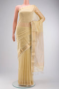 Cream Banarasi Raw Silk Saree with Stripes on the body and Zari Border displayed on a mannequin