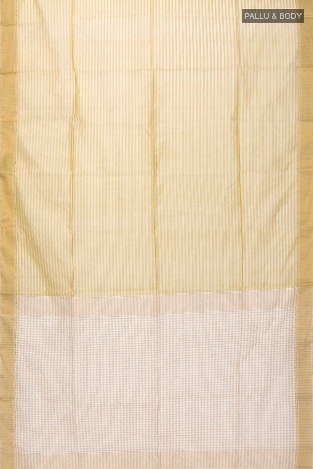 Flat view of Cream Banarasi Raw Silk Saree with Stripes on the body and Zari Border