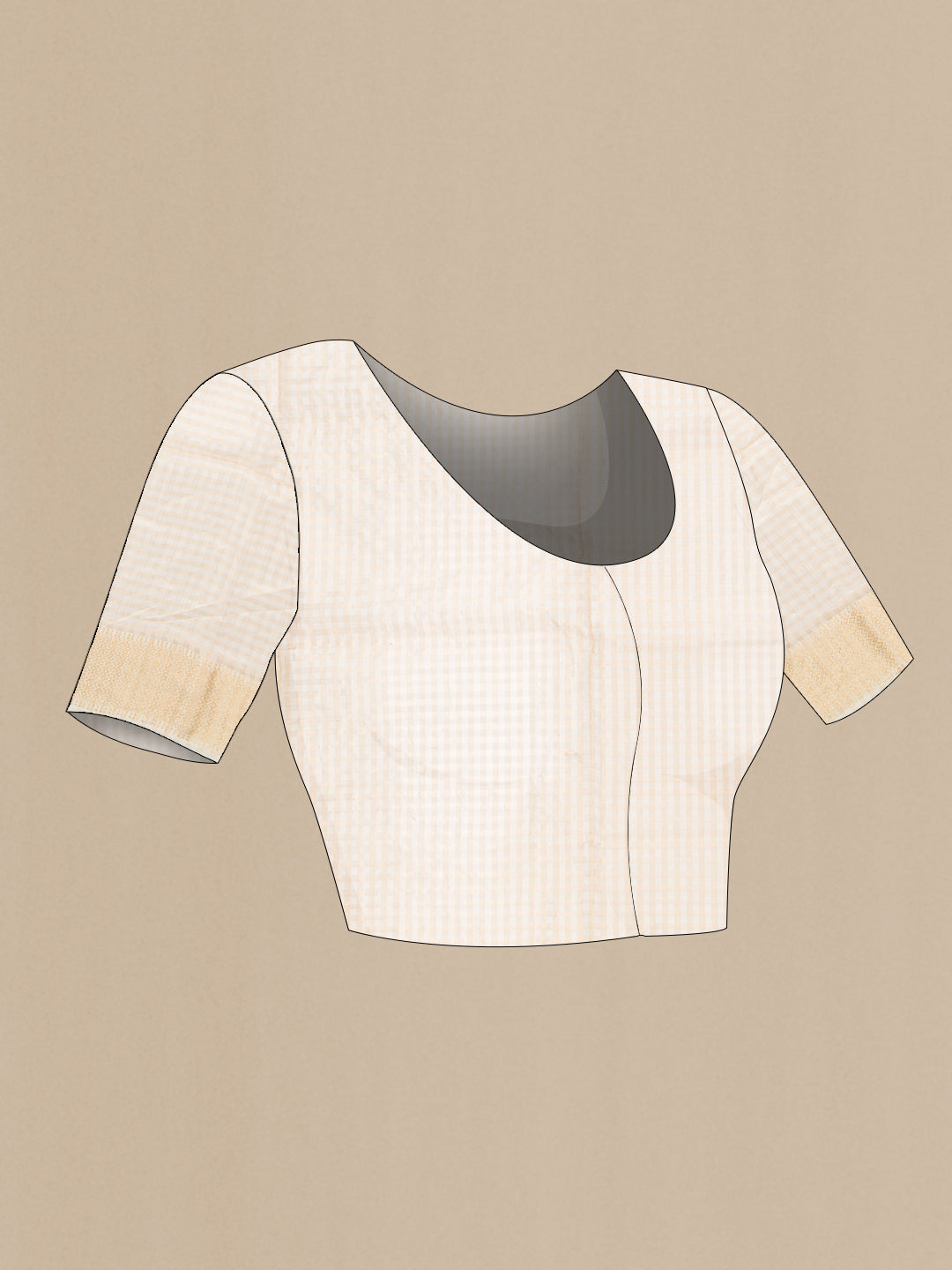 Close up image of the blouse of Golden Peach Dual Tone Maheshwari Silk Saree with Stripes on the body and Zari Border. 