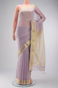 Lavender Maheshwari Silk Cotton Saree with Stripes on the body and Zari Border displayed on a mannequin