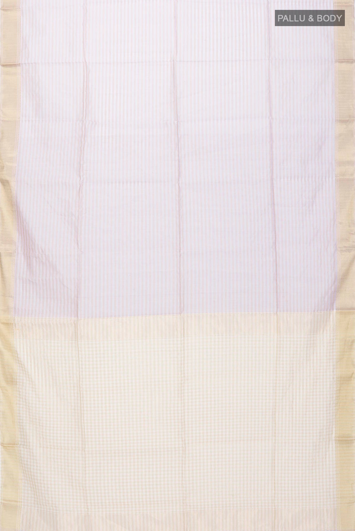 Flat view of Lavender Maheshwari Silk Cotton Saree with Stripes on the body and Zari Border