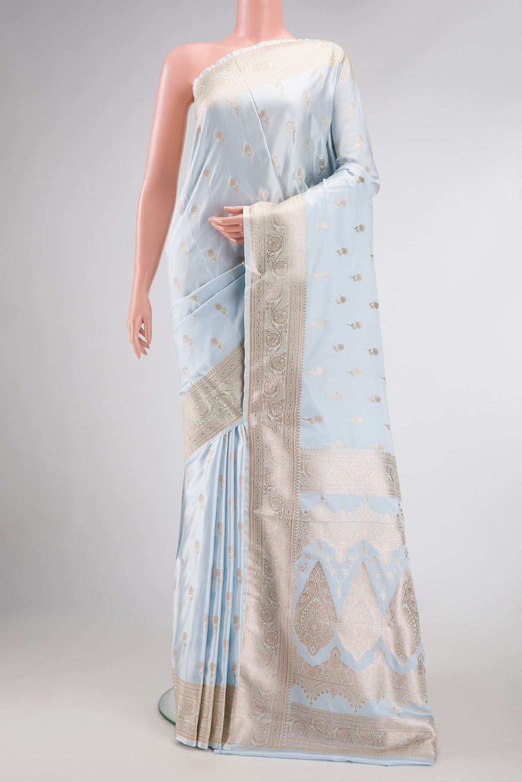 Blue Dual Tone Blended Banarasi Silk Saree with Zari Brocade on the body and Zari Border.  displayed on a mannequin