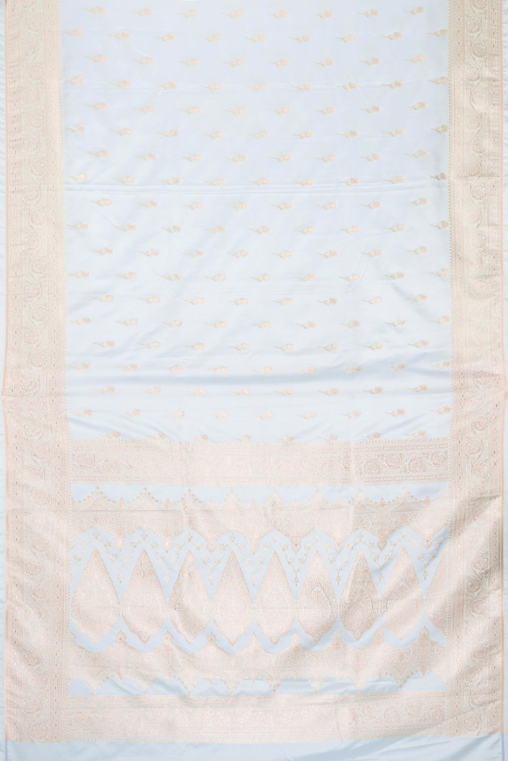 Flat view of Blue Dual Tone Blended Banarasi Silk Saree with Zari Brocade on the body and Zari Border. 