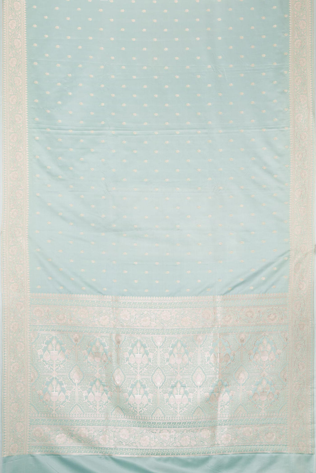 Flat view of Light Green Dual Tone Blended Banarasi Silk Saree with Zari Butta on the body and Zari Border. 