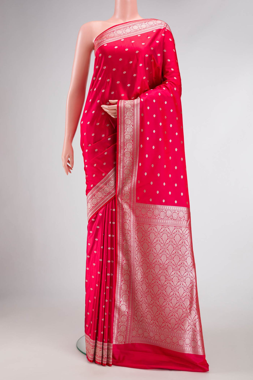 Red Dual Tone Blended Banarasi Silk Saree with Zari Butta on the body and Zari Border.  displayed on a mannequin