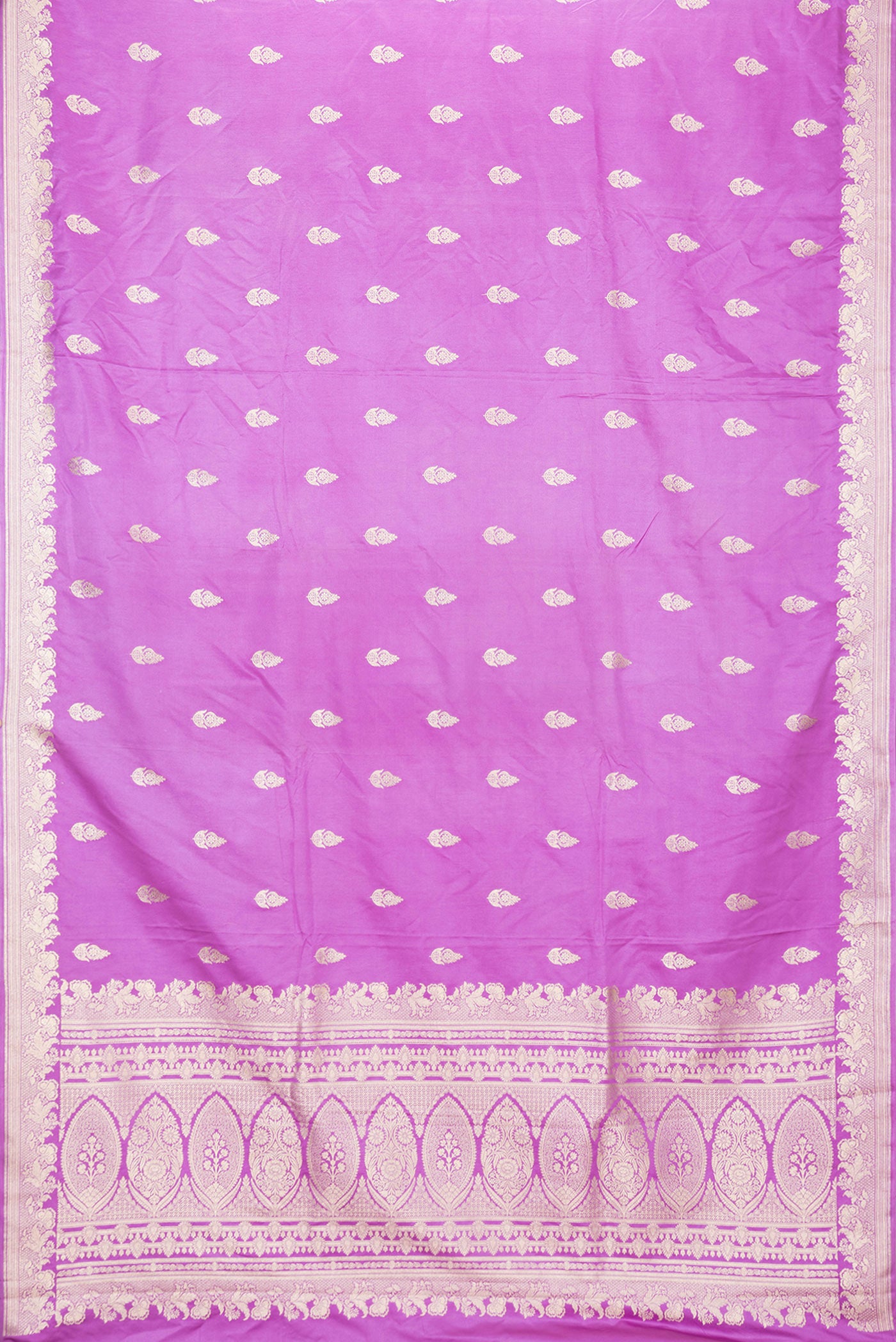 Flat view of Lavender Dual Tone Blended Banarasi Silk Saree with Zari Butta on the body and Zari Border. 
