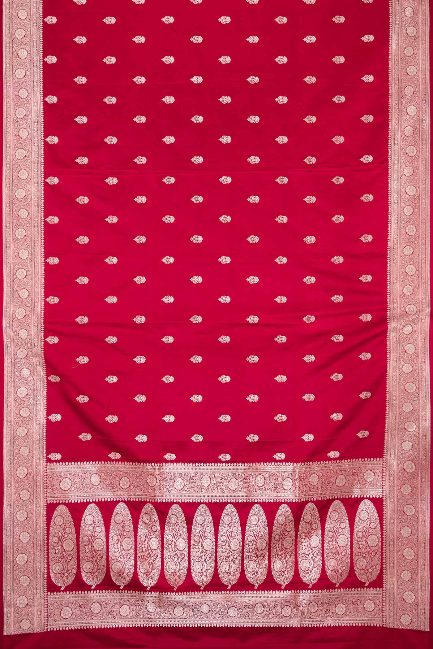 Flat view of Maroon Dual Tone Blended Banarasi Silk Saree with Zari Butta on the body and Zari Border. 