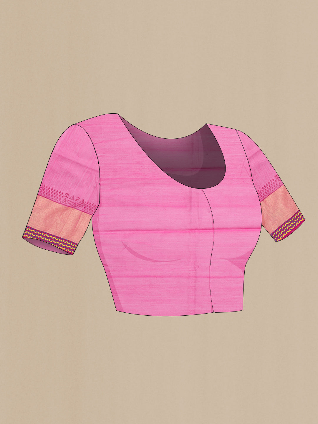 Close up image of the blouse of Pink Dual Tone Chanderi Silk Saree with Printed design on the body and Zari And Thread Border. 