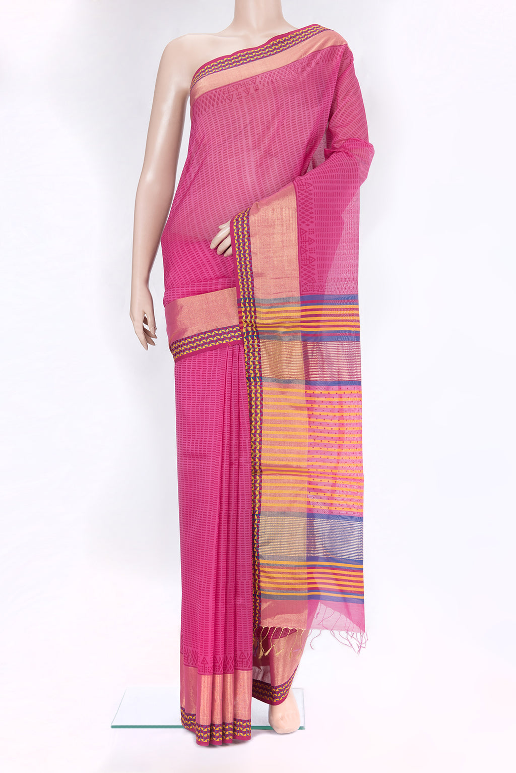 Pink Dual Tone Chanderi Silk Saree with Printed design on the body and Zari And Thread Border.  displayed on a mannequin