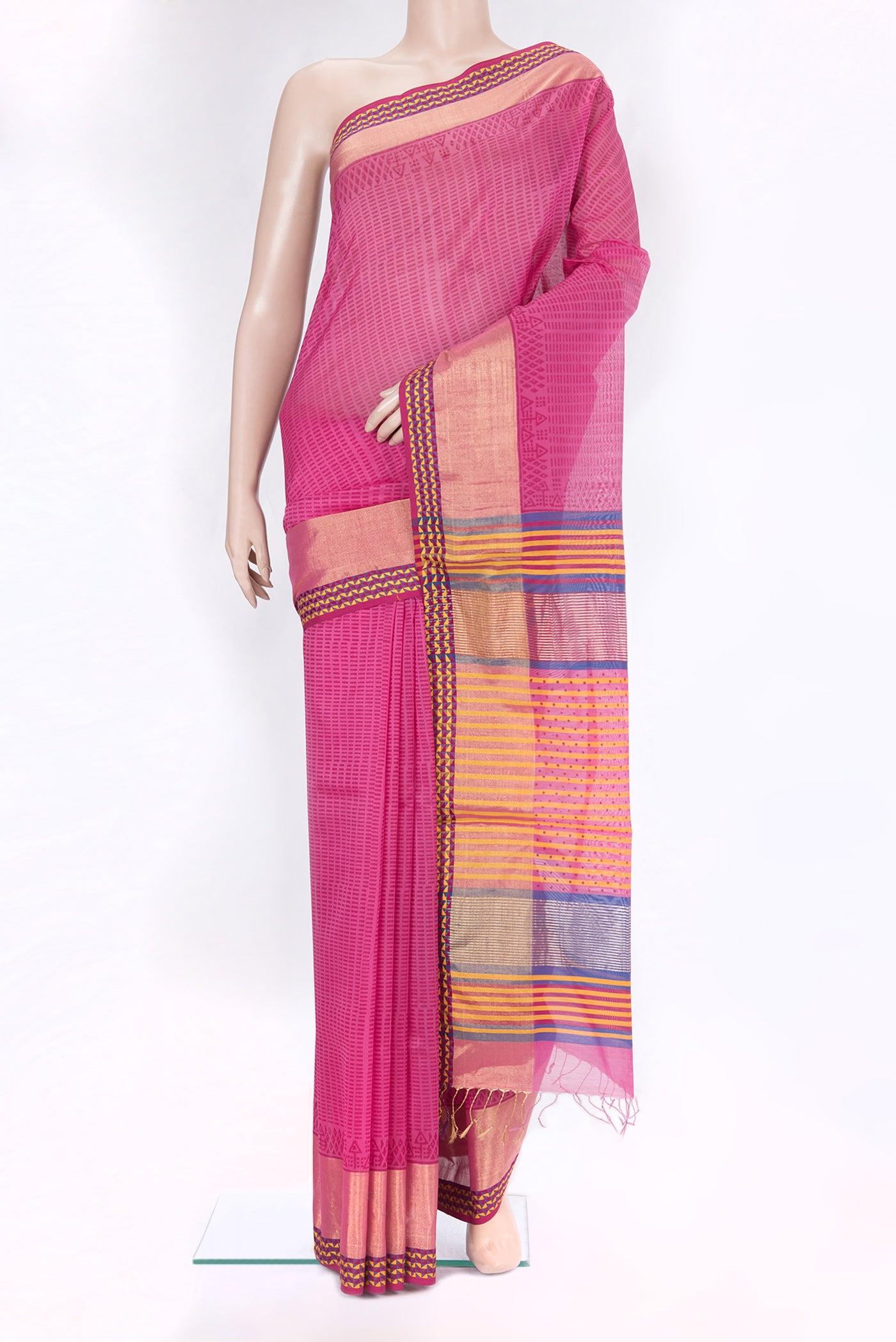 Pink Dual Tone Chanderi Silk Saree with Printed design on the body and Zari And Thread Border.  displayed on a mannequin