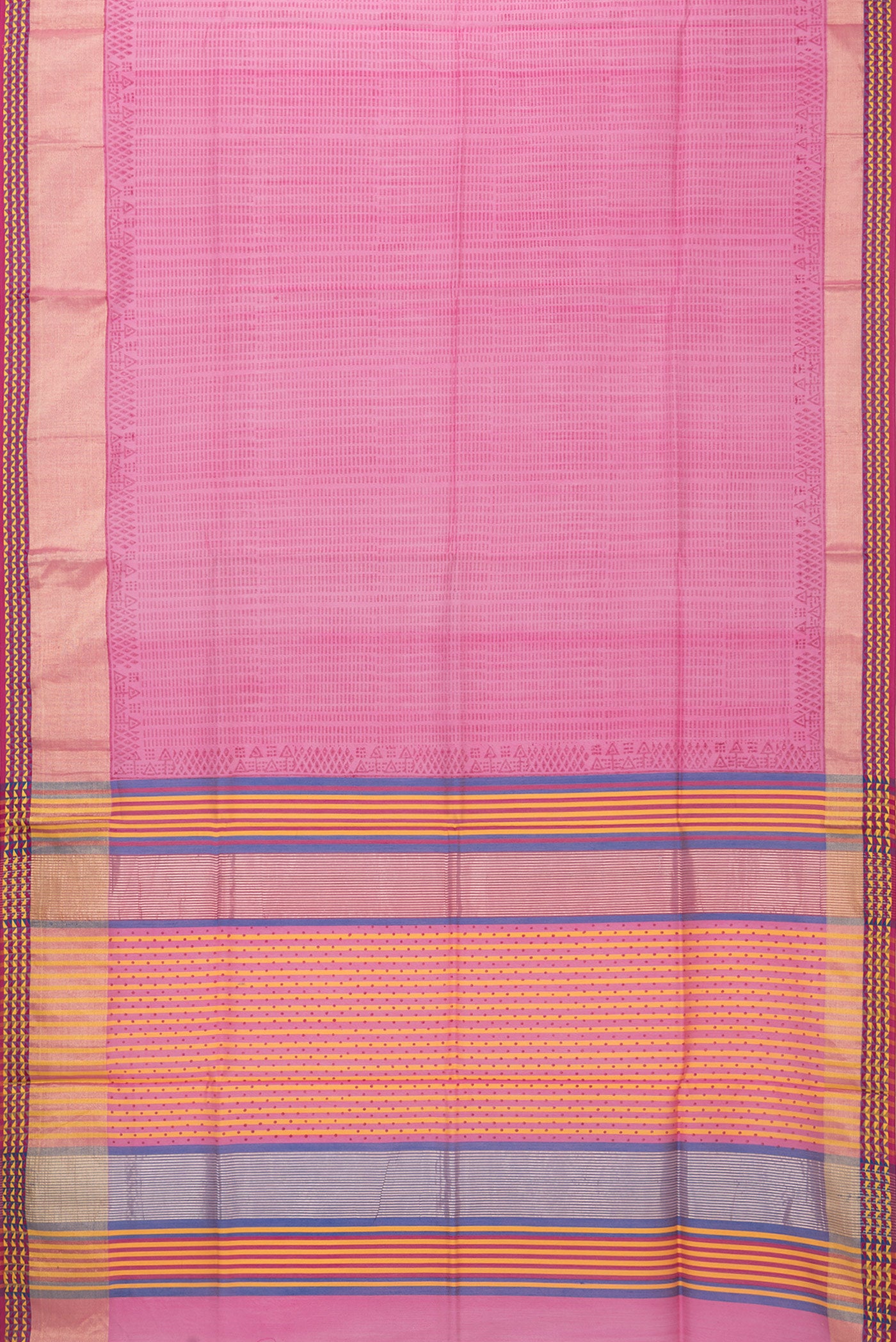 Flat view of Pink Dual Tone Chanderi Silk Saree with Printed design on the body and Zari And Thread Border. 