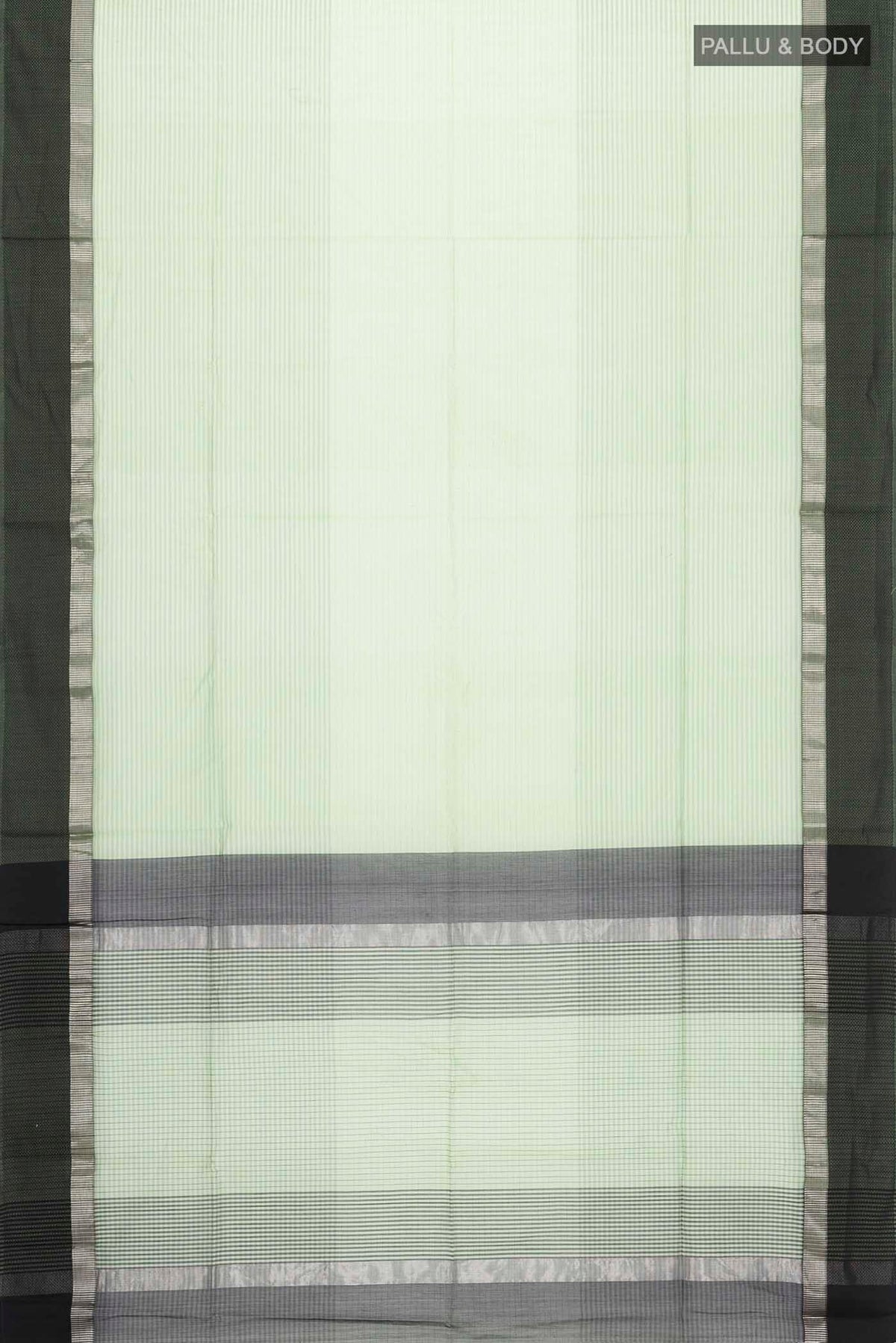 Flat view of Green Maheshwari Silk Cotton Saree with Stripes on the body and Thread Border
