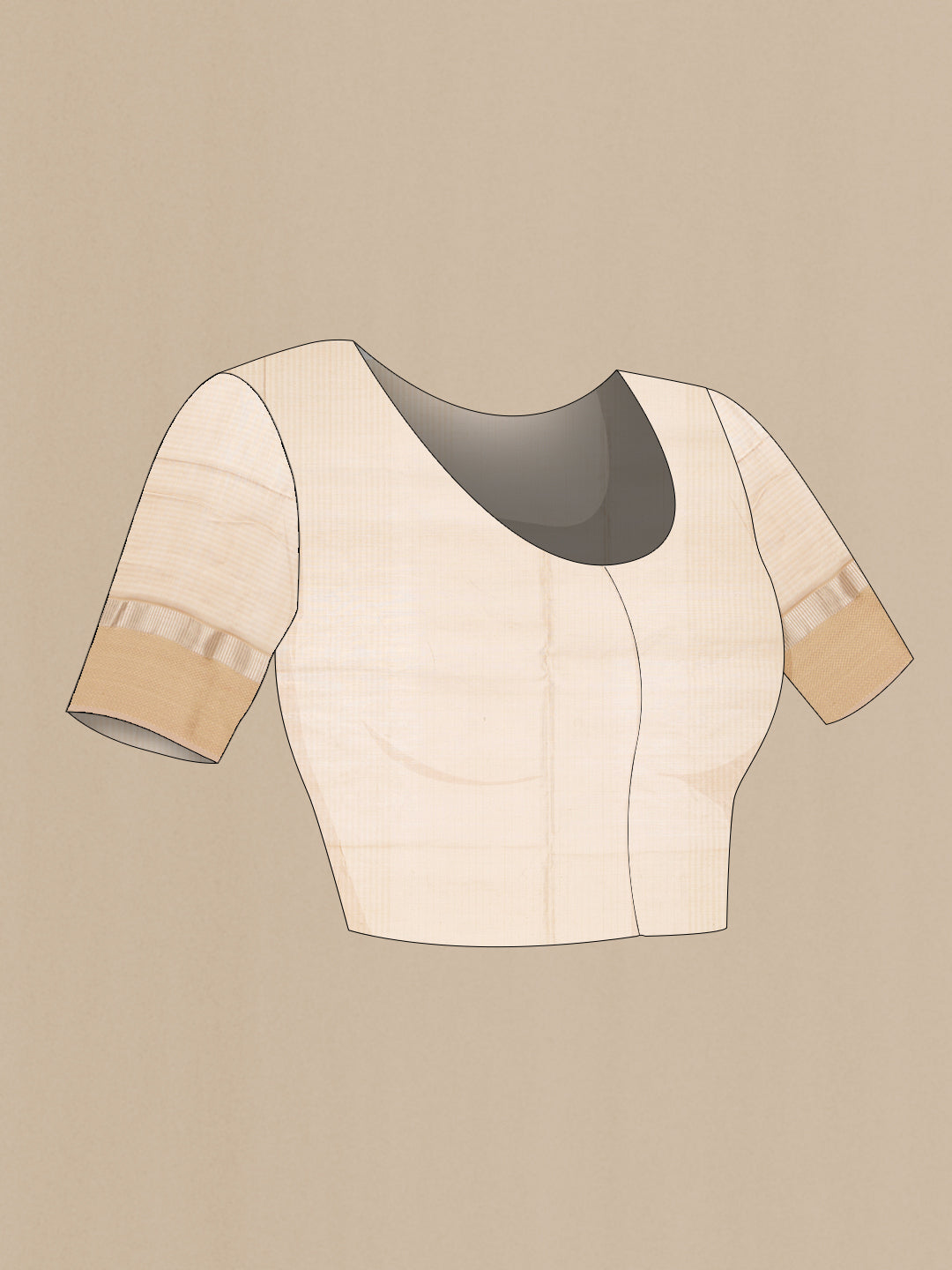 Close up image of the blouse of Off White Dual Tone Maheshwari Silk Cotton Saree with Stripes on the body and Zari Border. 