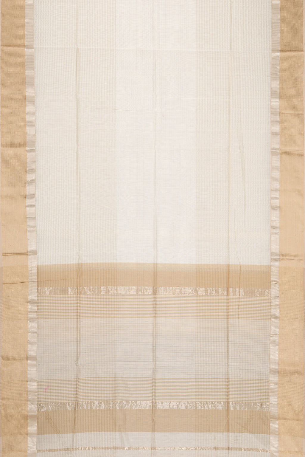 Flat view of Off White Dual Tone Maheshwari Silk Cotton Saree with Stripes on the body and Zari Border. 